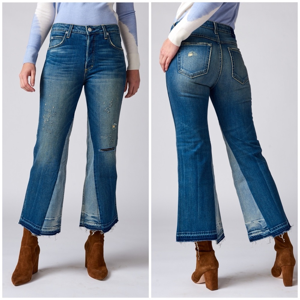 New AMO Babe Dive Bar Destroy Jeans Ankle Patchwork Panel Flare Sz 30